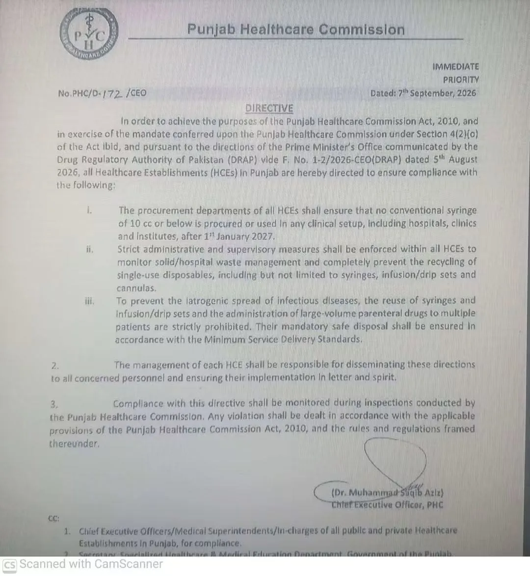 Punjab Bans Procurement and Use of Conventional Syringes of 10cc or Below from January 2027