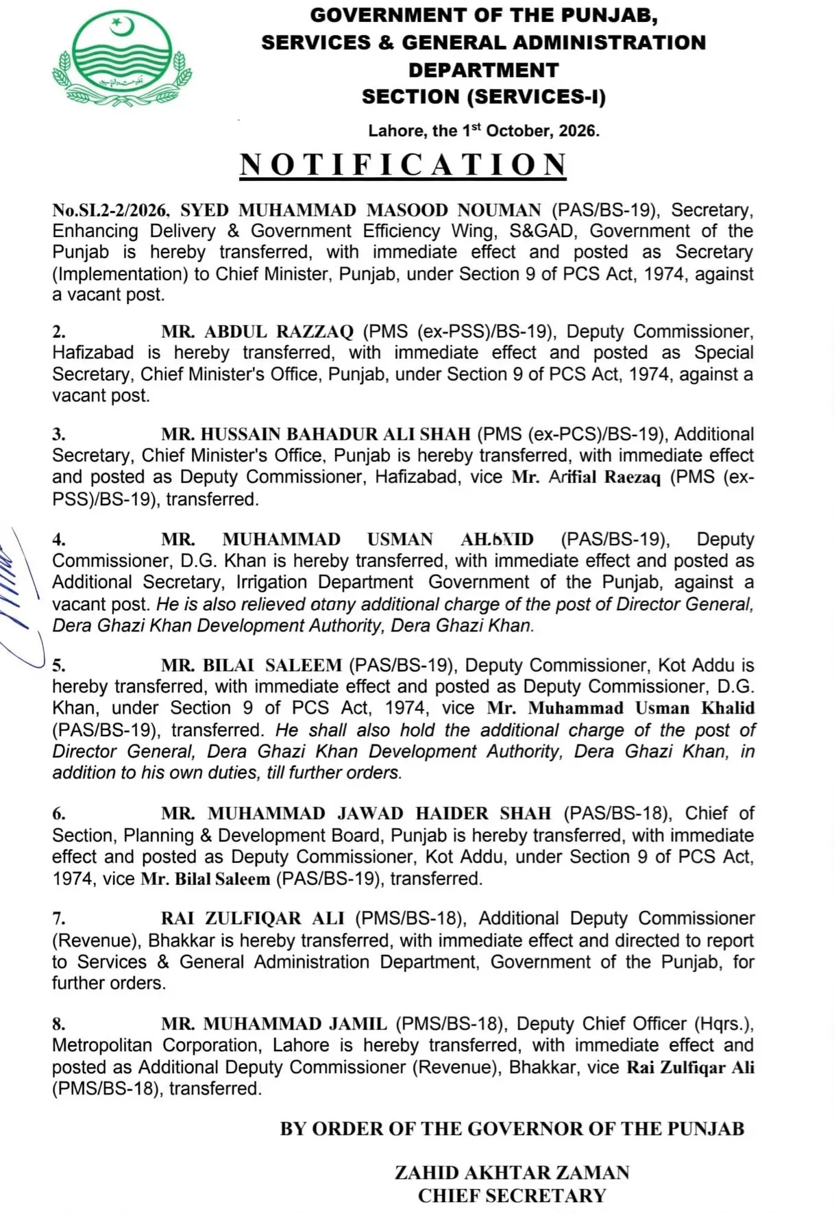Punjab Reshuffles Senior Bureaucracy, Names New District and Secretariat Officials